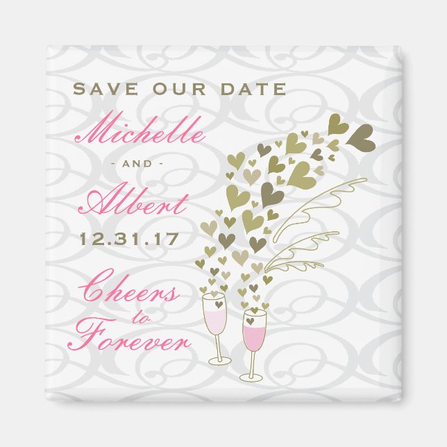 Pink Wedding Champagne Cheers Chic Save The Date Magnet (Front)