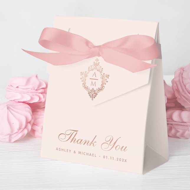 Pink Wedding Crest Monogram Rose Gold Thank You Favor Box (Creator Uploaded)