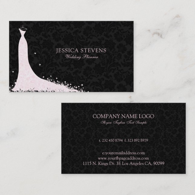 Pink Wedding Dress On Black Business Card (Front/Back)