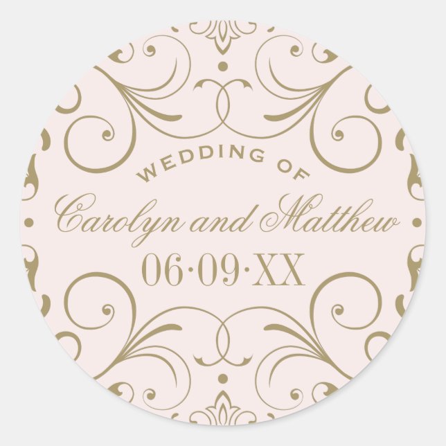 Pink Wedding Monogram | Antique Gold Flourish Classic Round Sticker (Front)