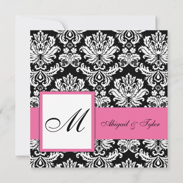 Pink Wedding Monogram Damask Invitation (Front)