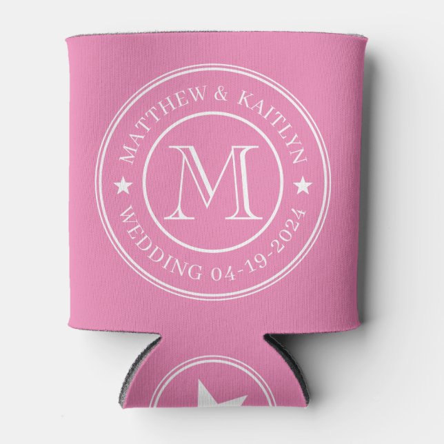 Pink Wedding Monogram Star Can Cooler (Front)