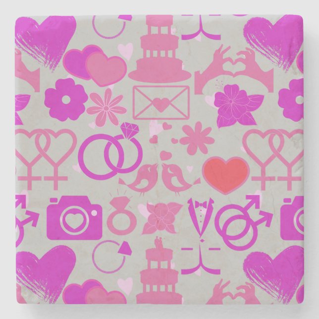 Pink Wedding ornaments pattern 03 Grey BG Stone Coaster (Front)
