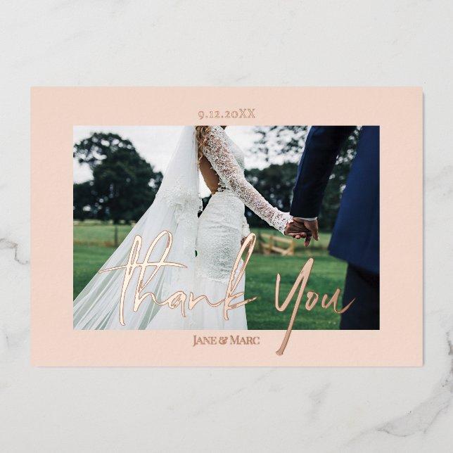 Pink Wedding Real Foil 2 photos Thank You Cards (Front)