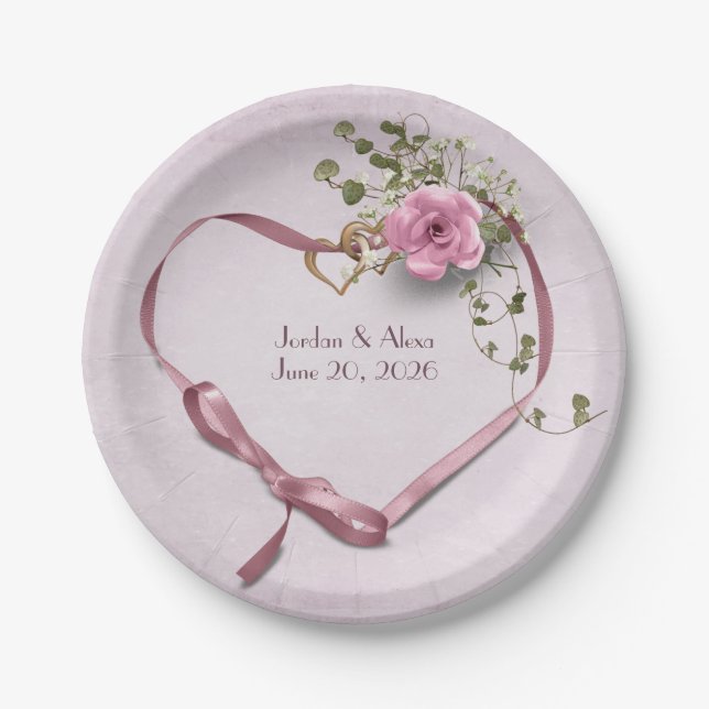 pink wedding ribbon heart with rose paper plate (Front)