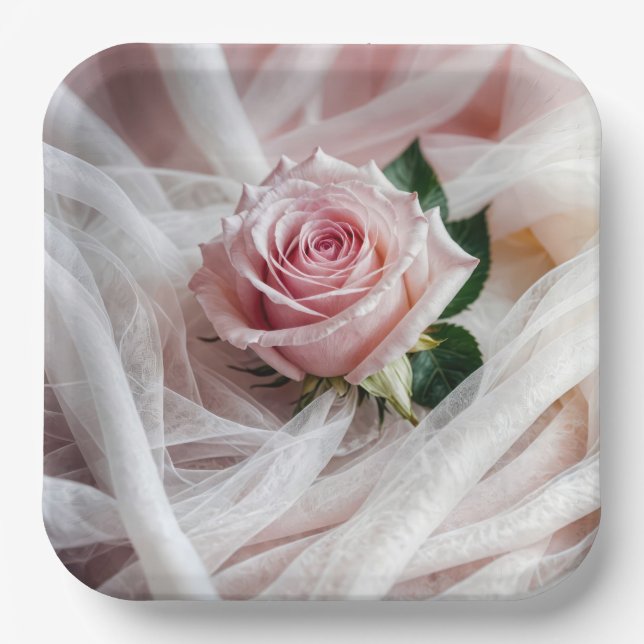 Pink Wedding Rose On Tulle Paper Plate (Front)