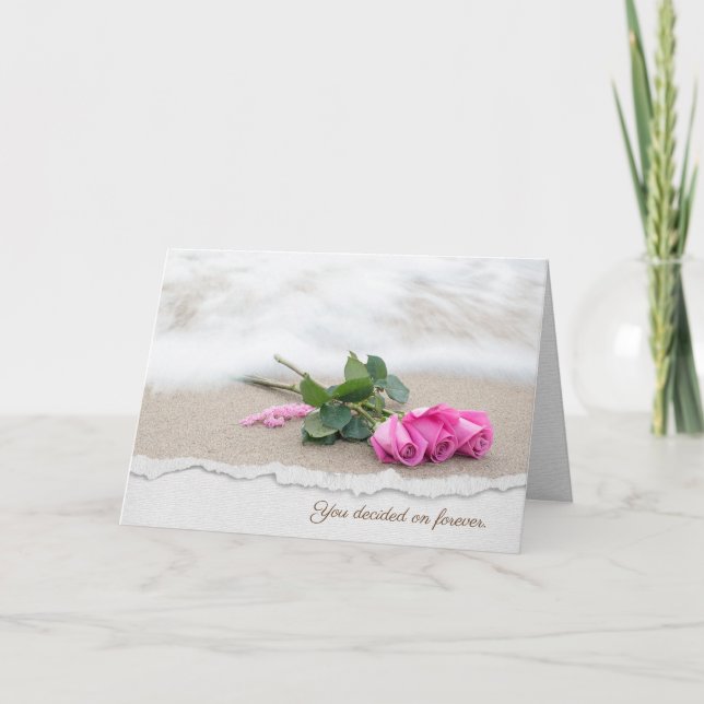 Pink Wedding Roses On Beach Card (Front)