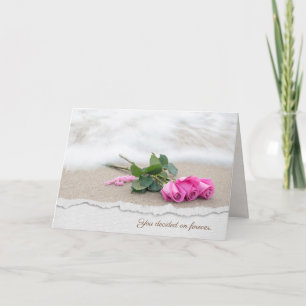 pink wedding roses on beach with torn edge border card
