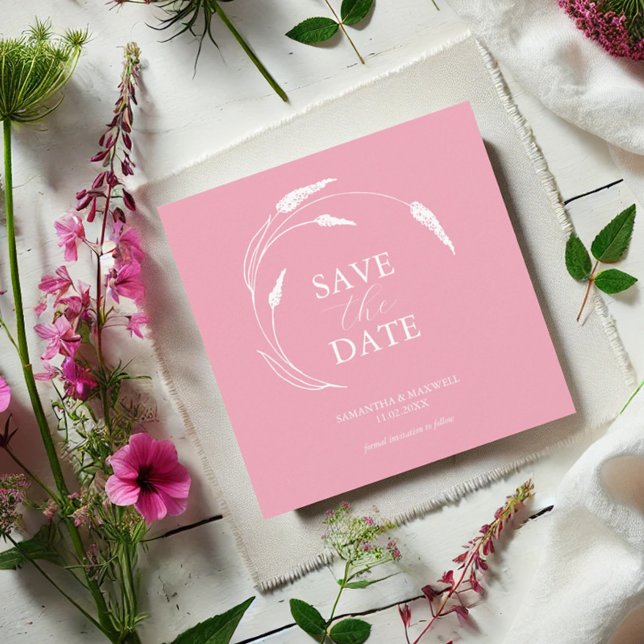Pink Wedding Save The Date Templates (Pink wildflower line art wedding save the date card by Victoria Grigaliunas of Do Tell A Belle)