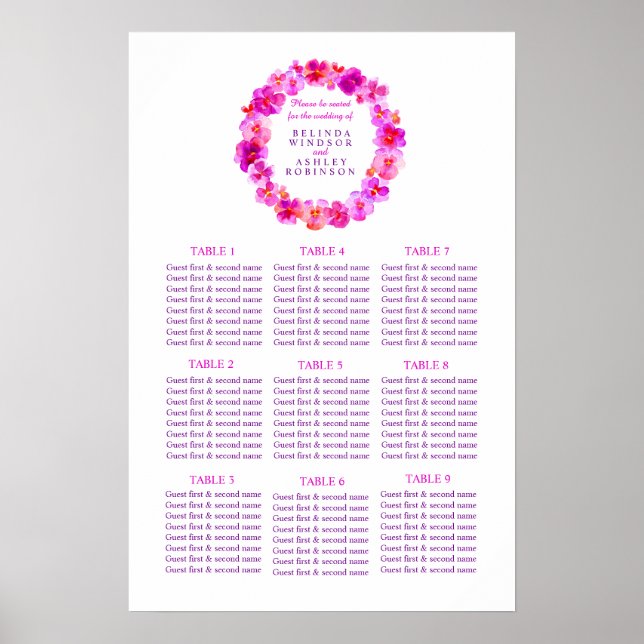 Pink Wedding Seating Table Planner 1-9 tables Poster (Front)