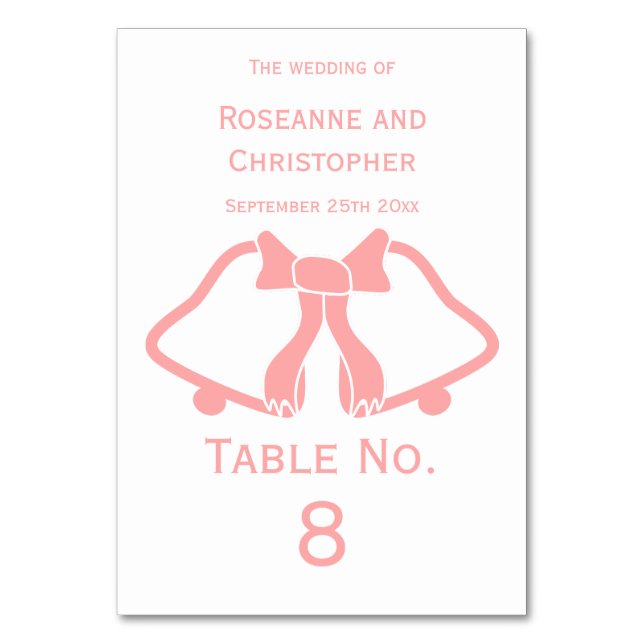 Pink Wedding Table Number Card Bells And Ribbon (Front)
