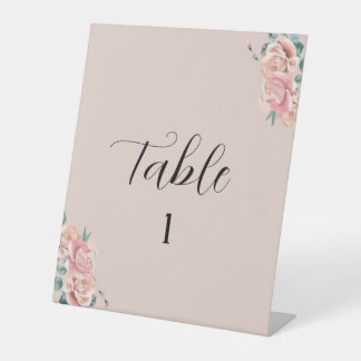 Pink wedding table number with roses pedestal sign