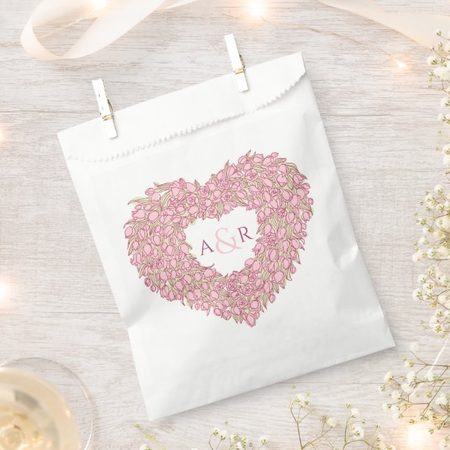 Pink wedding tulips flower heart bouquet monogram favour bag (Clipped)