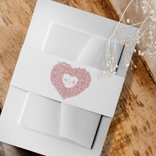 Pink wedding tulips flower heart bouquet monogram invitation belly band (Creator Uploaded)