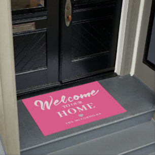 Pink Welcome Modern Chic Script Personalized Doormat