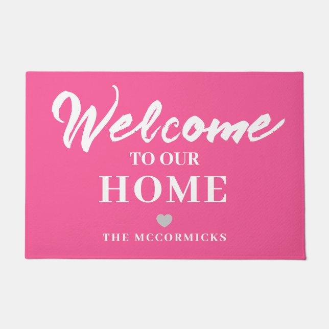 Pink Welcome Modern Chic Script Personalized Doormat (Front)