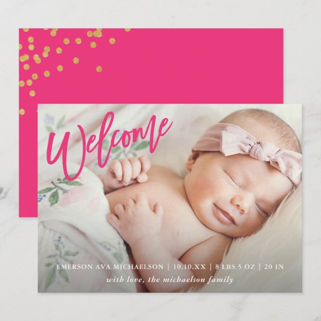 Pink Welcome Script with Faux Gold Confetti Birth Announcement (Front/Back)