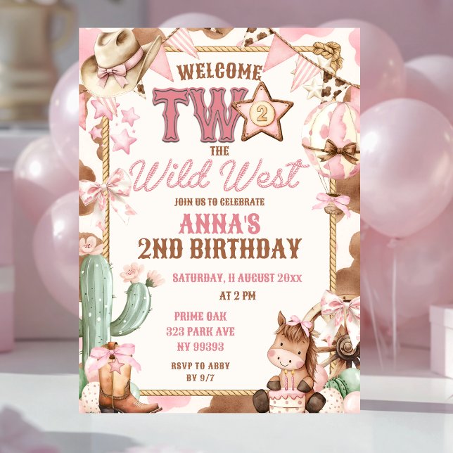 Pink Welcome Two The Wild West Second Birthday Invitation (Creator Uploaded)