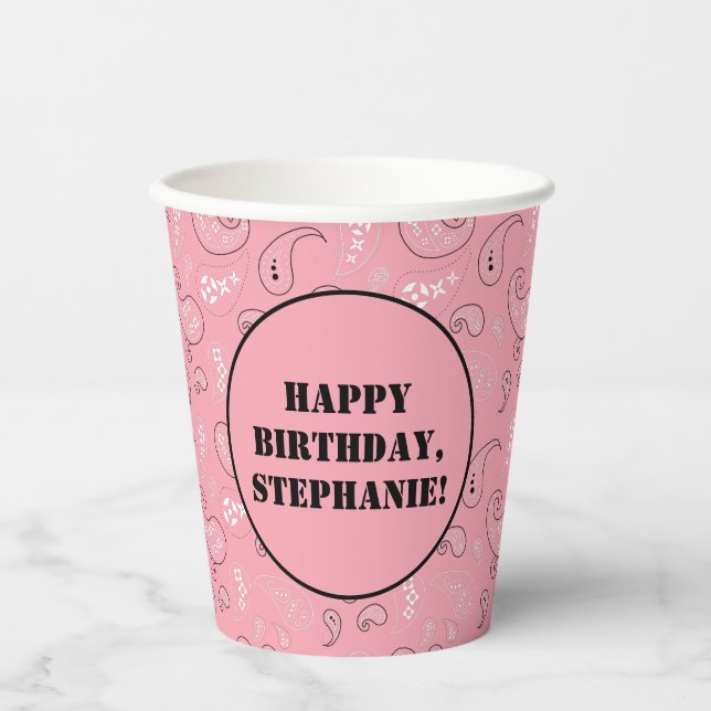 Pink Western Bandana Print Birthday Party Paper Cups (Front)