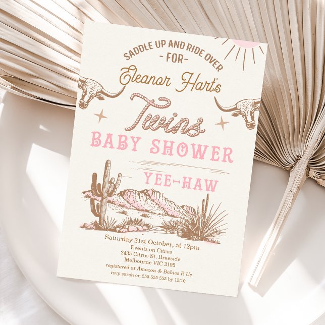 Pink Western Desert Rodeo Twins Baby Shower  Invitation (Wild West Western Twin Girls Baby Shower Invitation, Rodeo Western Desert Twins Baby Shower Invite )