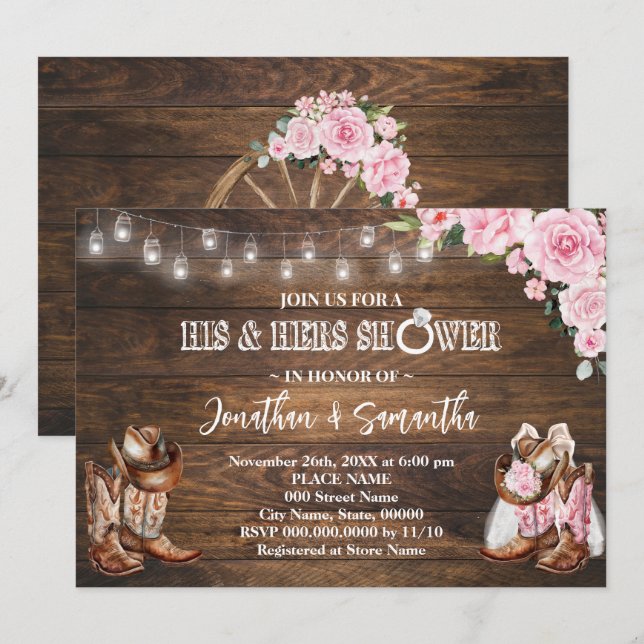 Pink Western His and Hers Shower Barn Wedding Invitation (Front/Back)