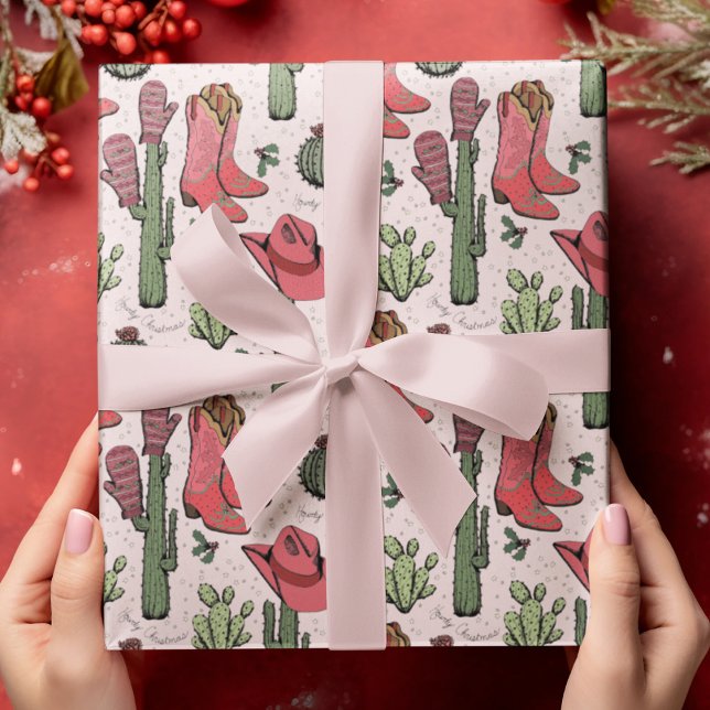 Pink Western Howdy Christmas Cowgirl Wrapping Paper (Hand-Drawn Western "Howdy Christmas" Pattern. Cowboy Boots, Hats, Cactus, Holly Berries & Stars.)
