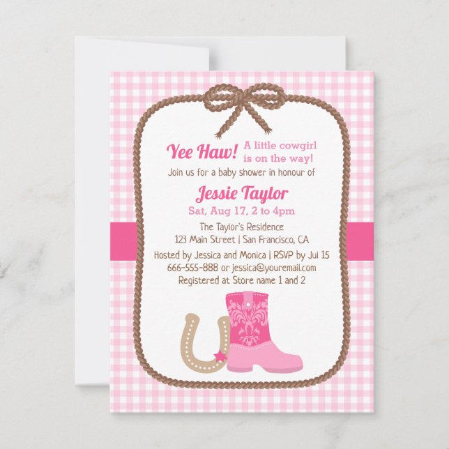 Pink Western Pays bébé Douche Invitations (Devant)