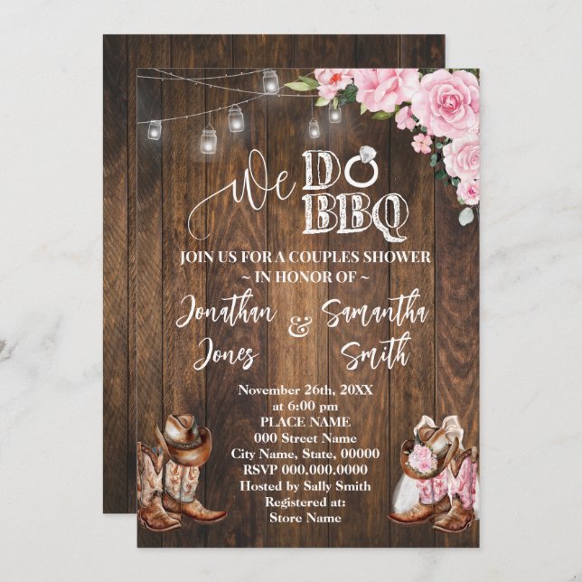 Pink Western We Do BBQ Country Couples Shower Invitation (Front/Back)