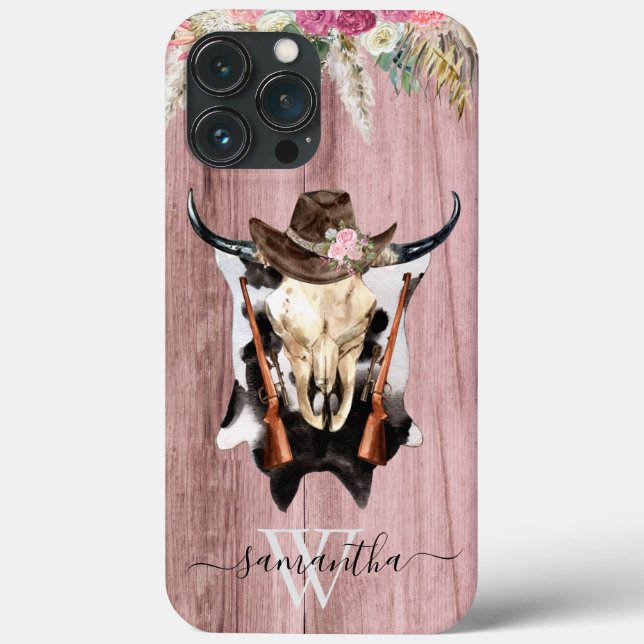 Pink Western Wood Cow Skull Cowboy Monogram Case-Mate iPhone Case (Back)