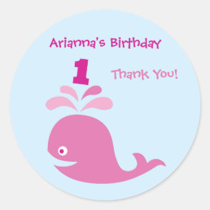 Pink Whale 1st Birthday Favour Sticker