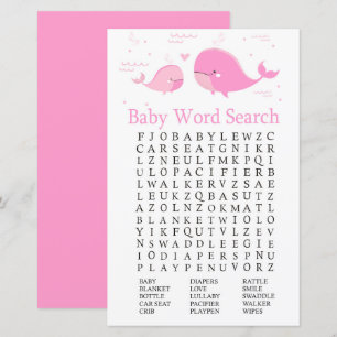 Pink Whale Baby Shower Word Search Game