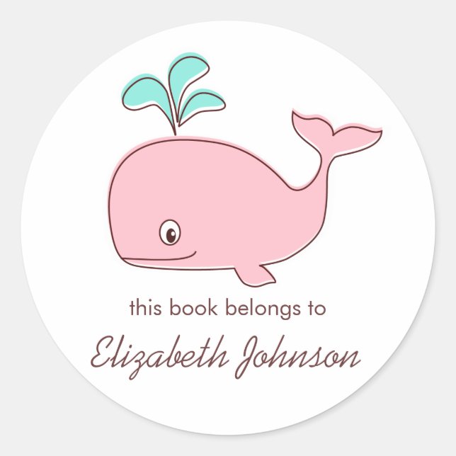Pink Whale Bookplates Classic Round Sticker (Front)