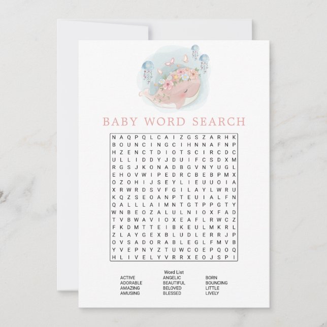 Pink Whale Girl Baby Shower Word Search Game Invitation (Front)