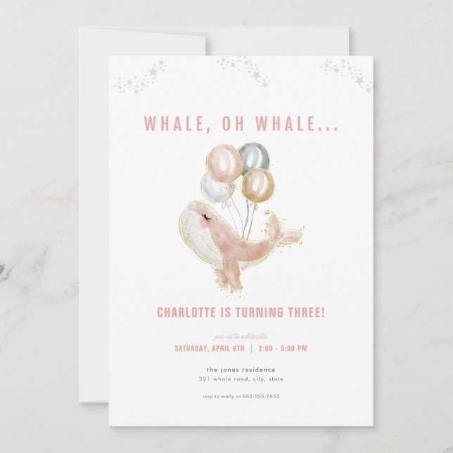 Pink Whale Oh Whale Birthday Invitation  (Front)