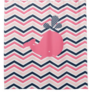 Pink Whale on Pink, White, Navy Chevron Stripes