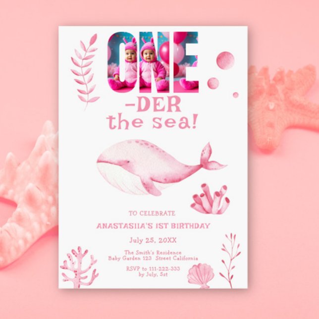 Pink Whale Oneder The Sea 1st Birthday  Invitation (Creator Uploaded)