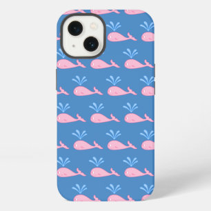 Pink Whale Pattern on Blue. iPhone 13 Case
