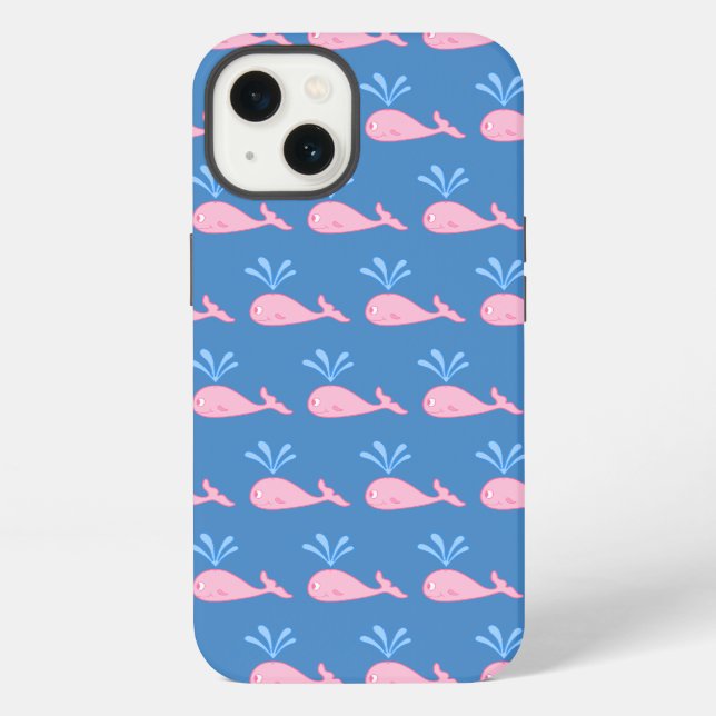 Pink Whale Pattern on Blue. iPhone Case (Back)