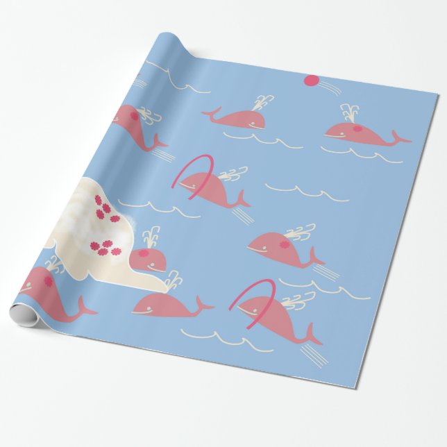 Pink whale playing in blue ocean cute kids wrapping paper (Unrolled)