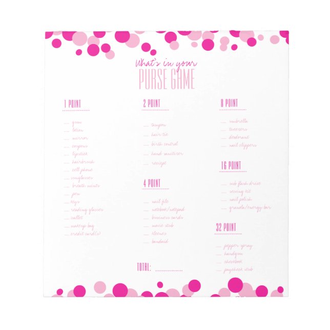 Pink What's in Your Purse Bridal Game Notepad (Front)