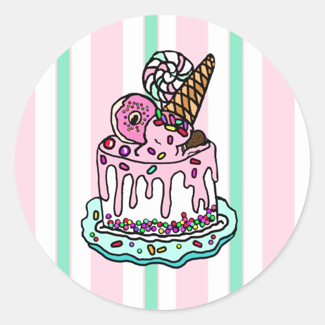 Pink Whimsical Birthday Cake Classic Round Sticker (Front)