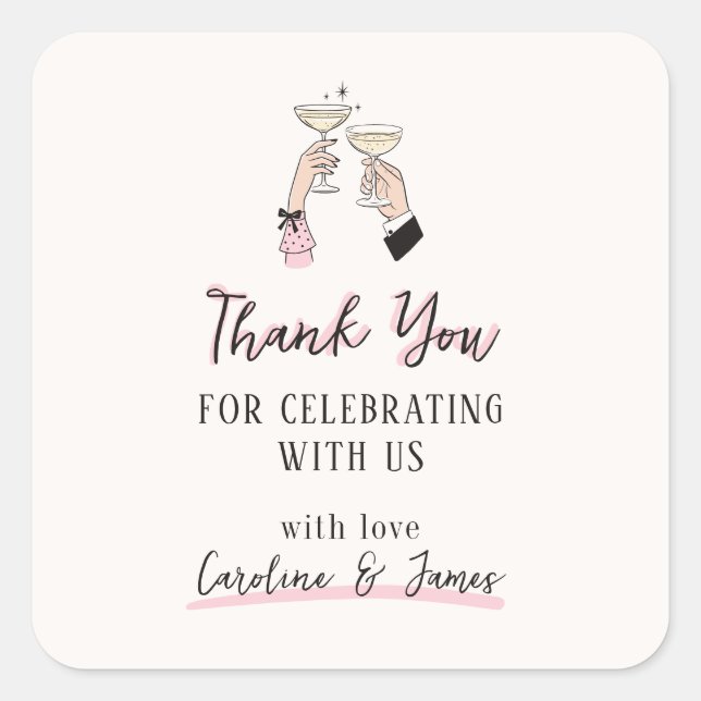 Pink Whimsical Champagne Toast Thank You Sticker (Front)