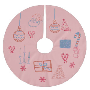Pink Whimsical Christmas Hand-drwan doodles Brushed Polyester Tree Skirt