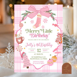 Pink Whimsical Christmas Merry Little Birthday Invitation