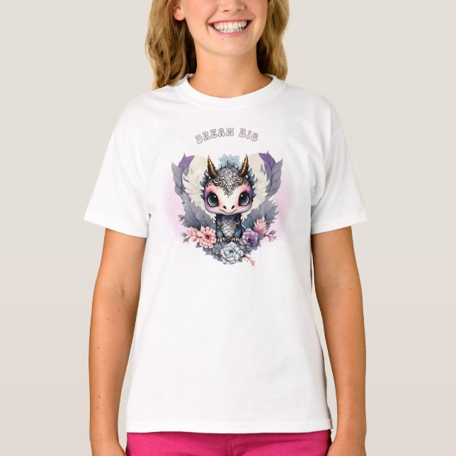 Pink Whimsical "Dream Big" Little Dragon  T-Shirt (Front)