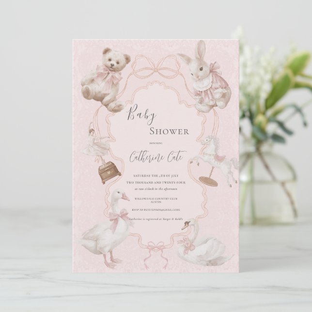 Pink Whimsical Elegant Bear Baby Shower Invitation (Standing Front)