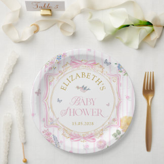 Pink Whimsical Floral Girl Baby Shower Paper Plate