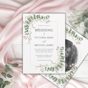 Pink Whimsical Floral Photo Vintage Wedding  Invitation