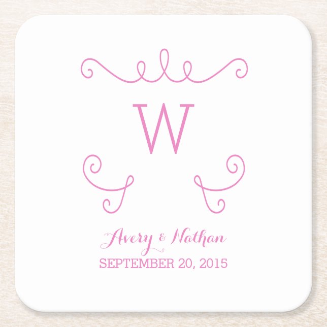 Pink Whimsical Flourish Monogram Paper Coasters (Front)