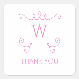 Pink Whimsical Flourish Monogram Thank You Square Sticker
